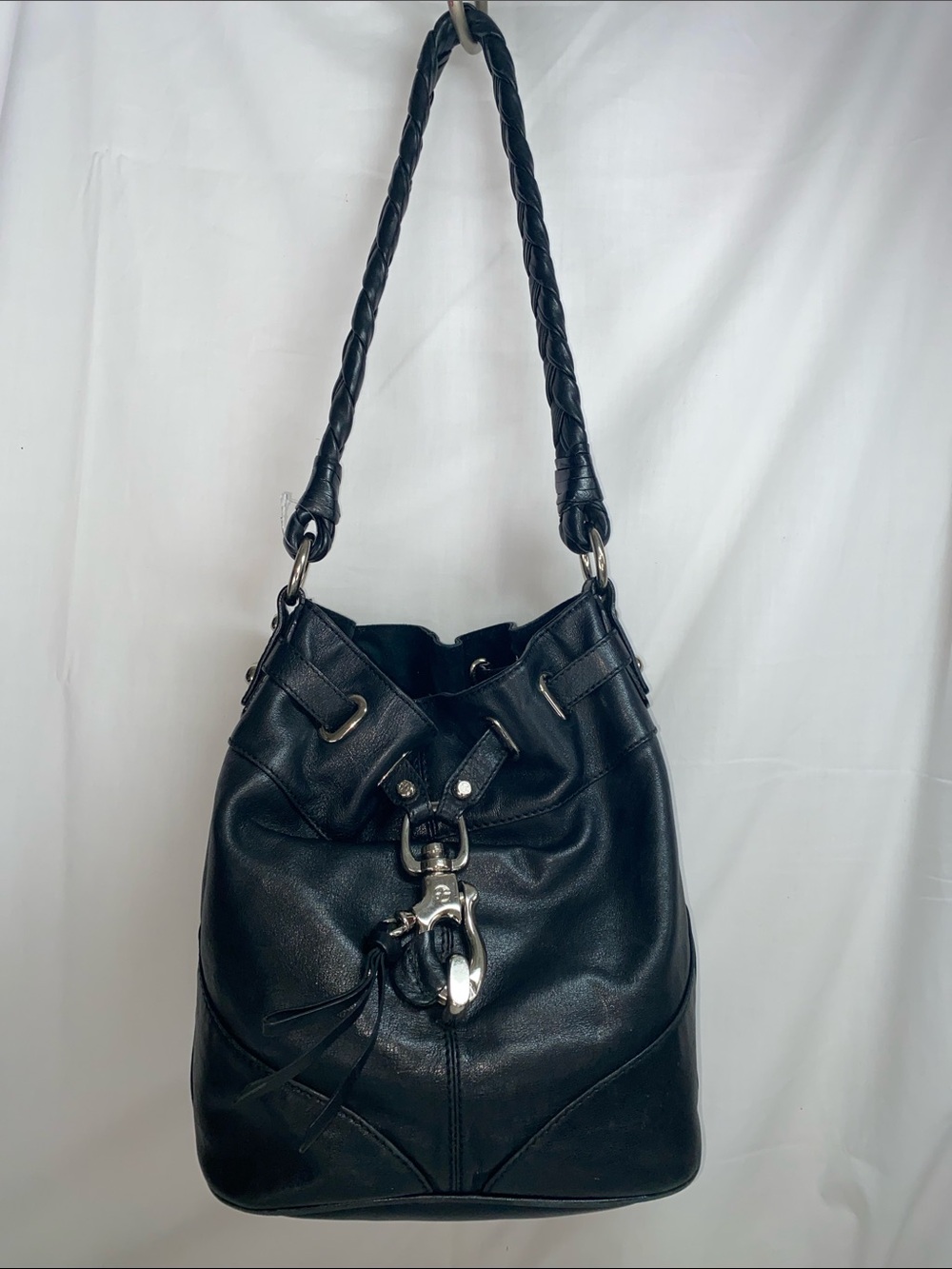 Francesco Biasia Black Leather Shoulder Bucket Bag with Braided Strap